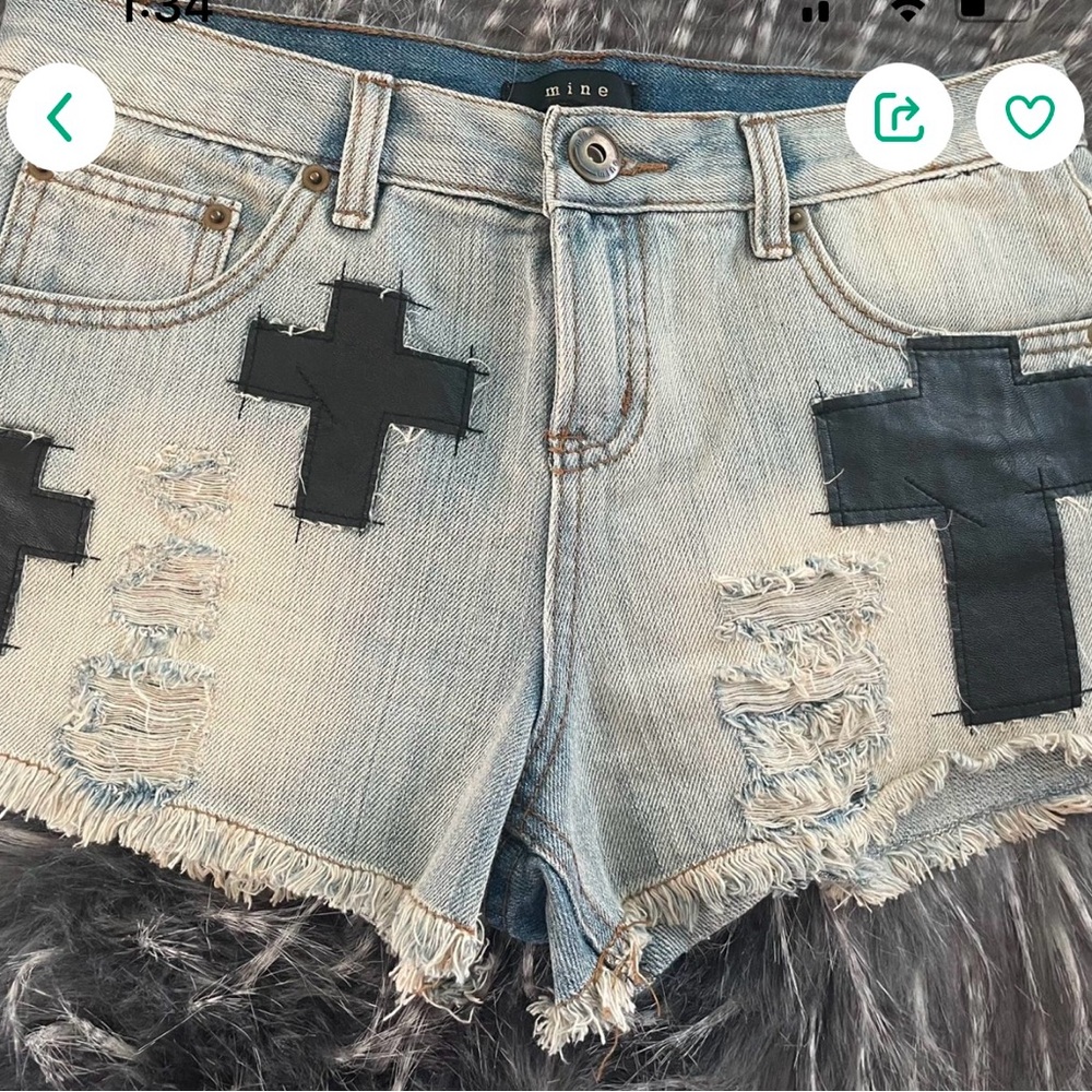 Mine Distressed Denim Shorts with Black Cross Patches